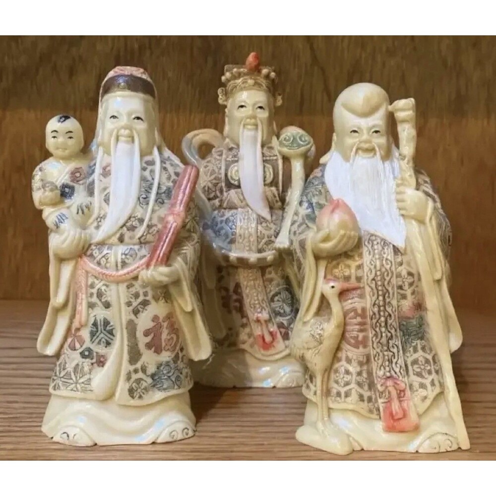Chinese "Star Gods" Wise Men Resin Figures Statues Set Of 3 Vintage Fu Lu Schu